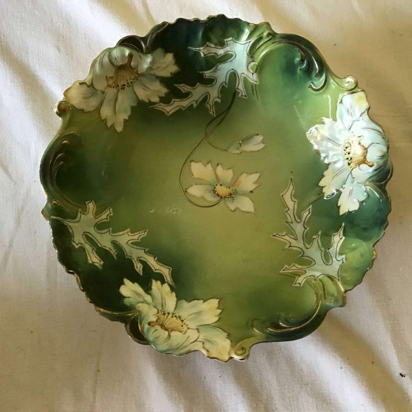 Antique Serving bowl Vegetable 1800's Saxe Germany Hand painted Stunning display collectible farmhouse Blown out Flowers Gold trim Scroll