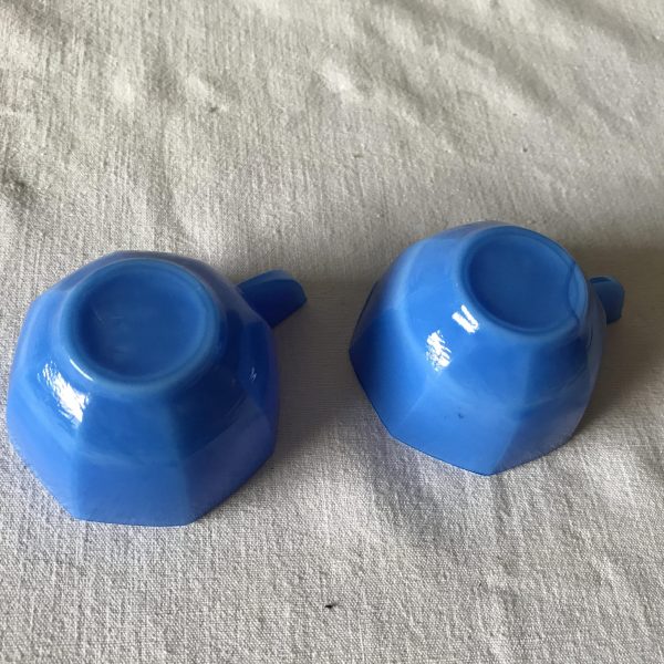 Antique Slag Glass Set of 2 Tea cups and saucers Child's collectible play time display blue slag Hex shape