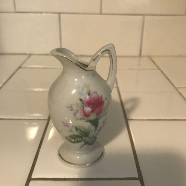 Antique small cream pitcher creamer Rose with leaves and tiny pink flowers Japan porcelain farmhouse collectible display  gold trim