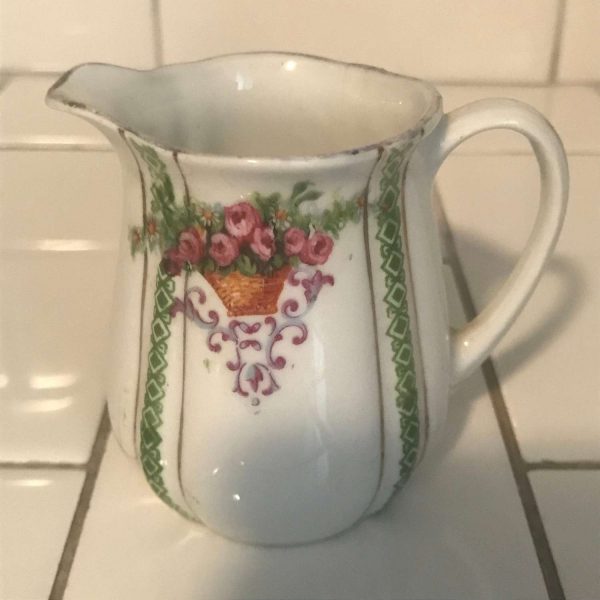 Antique small cream pitcher creamer transferware flower baskets and green diamond trim lines in 4 places fine china farmhouse collectible