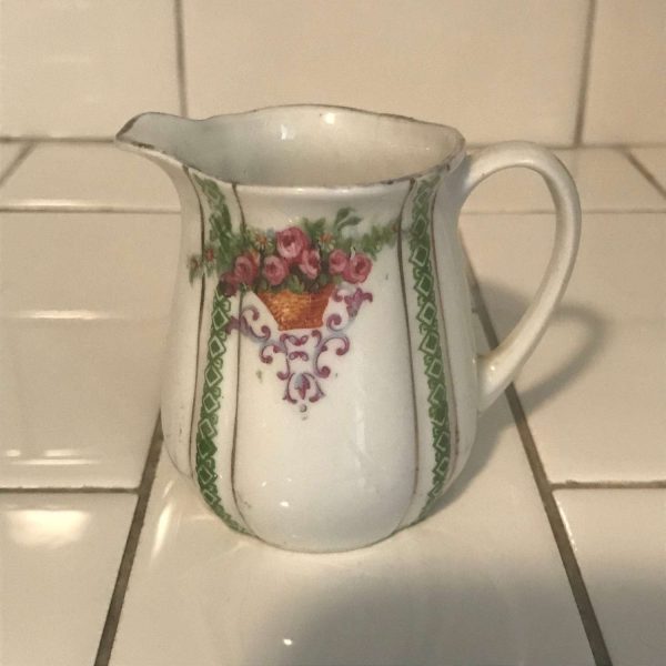 Antique small cream pitcher creamer transferware flower baskets and green diamond trim lines in 4 places fine china farmhouse collectible