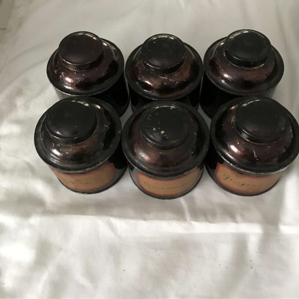 Antique Spice Bin Tin box with 6 metal round spice containers 1800's collectible farmhouse kitchen display metal lidded box