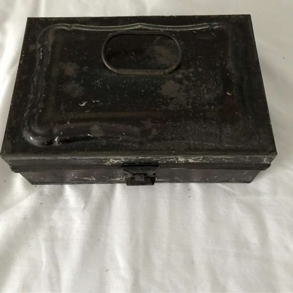 Antique Spice Bin Tin box with 6 metal round spice containers 1800's collectible farmhouse kitchen display metal lidded box