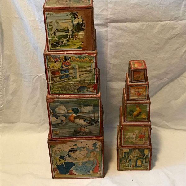 Antique Stacking Nesting blocks lithograph pictures Set of 9 Antique German Children's Wood and Paper Nesting Blocks, Lungers