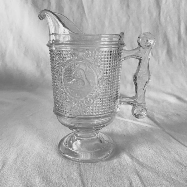 Antique Swan and Mesh pattern Cream pitcher Creamer Glass with Unique handle Canton Glass Co. made in 1882