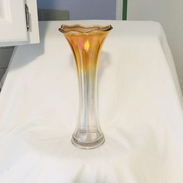 Antique tall Vase Marigold Carnival glass top to clear base iridescent wide top collectible display farmhouse cottage spring flowers