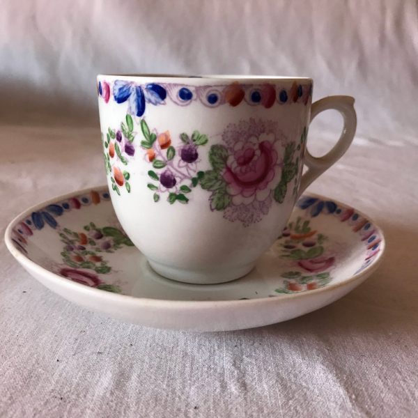Antique Tea cup and Saucer 1800's Pink Roses multi colored trim and flowers purple blue orange Germany Farmhouse Collectible Shabby Chic