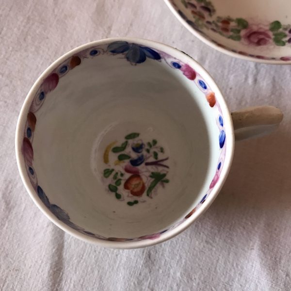 Antique Tea cup and Saucer 1800's Pink Roses multi colored trim and flowers purple blue orange Germany Farmhouse Collectible Shabby Chic