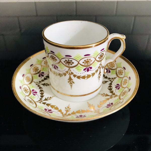 Antique Tea cup and saucer hand painted heavy gold, purple and apple green flat bottom small Fine bone china collectible display