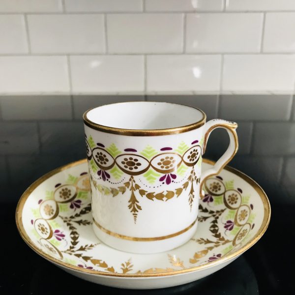 Antique Tea cup and saucer hand painted heavy gold, purple and apple green flat bottom small Fine bone china collectible display