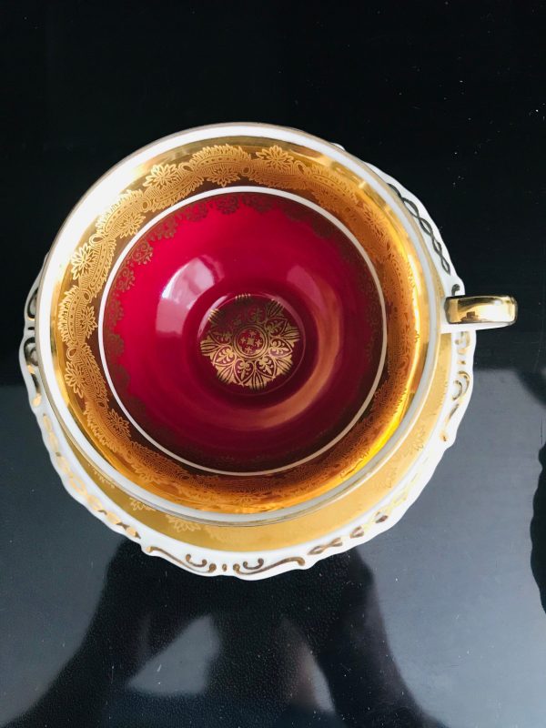 Antique tea cup and saucer TRIO Germany Fine bone china Burgundy with gold trim farmhouse collectible display dining bridal