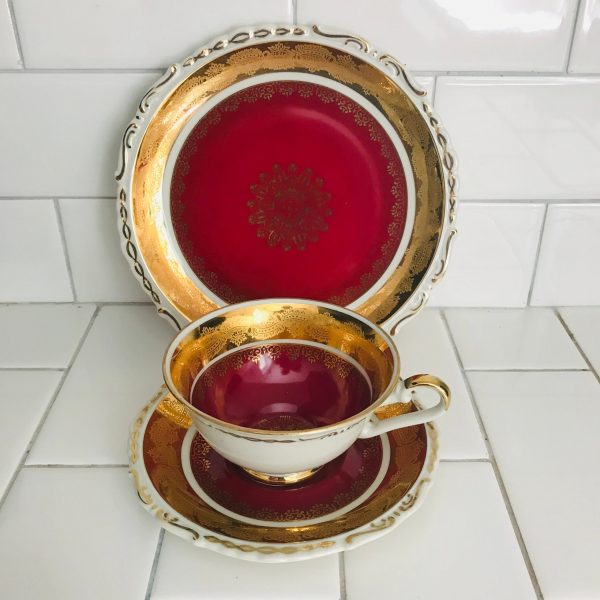 Antique tea cup and saucer TRIO Germany Fine bone china Burgundy with gold trim farmhouse collectible display dining bridal