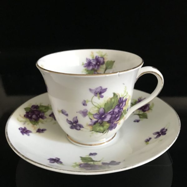 Antique Tea cup and saucer Trio Heathcote England Fine bone china purple Violets farmhouse collectible display coffee bridal