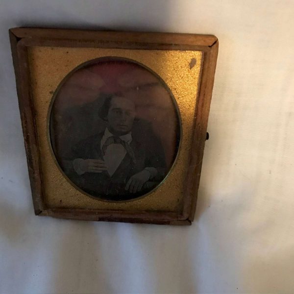 Antique Tin type photograph gold lined leather case farmhouse collectible display