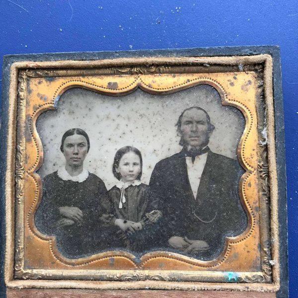 Antique Tin type photograph gold lined leather case farmhouse collectible display Family Photo