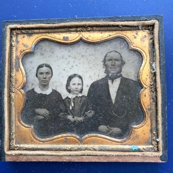 Antique Tin type photograph gold lined leather case farmhouse collectible display Family Photo