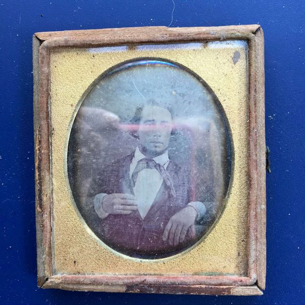 Antique Tin type photograph gold lined leather case farmhouse collectible display Man Photo