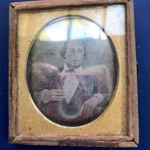 Antique Tin type photograph gold lined leather case farmhouse collectible display Man Photo