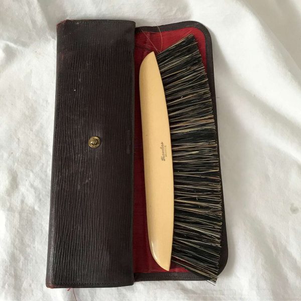 Antique Travel Brushes in Double sided snap eather pouch Travelers France Pat. July 28 1940 collectible display home Travelersdecor vanity