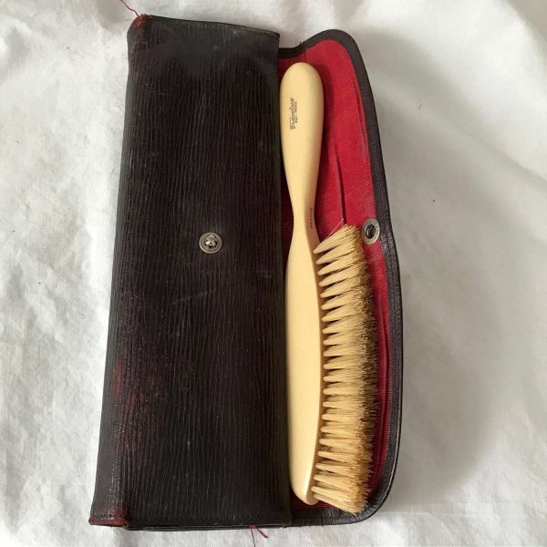 Antique Travel Brushes in Double sided snap eather pouch Travelers France Pat. July 28 1940 collectible display home Travelersdecor vanity