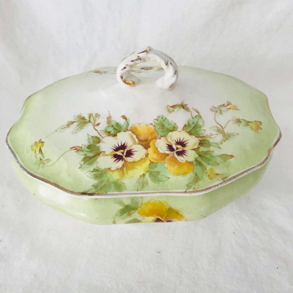 Antique Trinket Covered Dish Pansies hand painted Johnson Bros. England Royal Semi Porcelain Great detail Enameled flower edges
