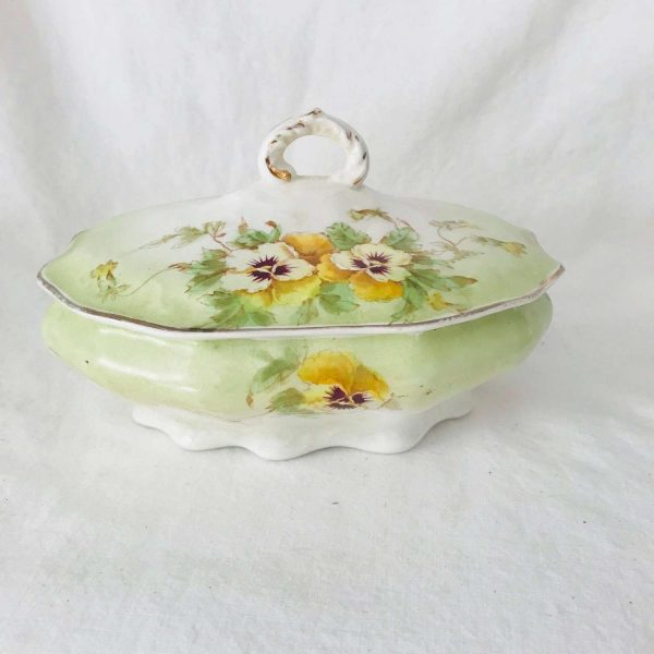 Antique Trinket Covered Dish Pansies hand painted Johnson Bros. England Royal Semi Porcelain Great detail Enameled flower edges