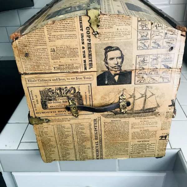 Antique Trunk Child Size paper covered with tray insert collectible storage display farmhouse cottage newspaper covered