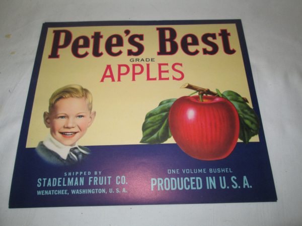 Antique Unused Paper Crate Label Pete's Best Apples 9" x 10" collectible display decor move tv prop