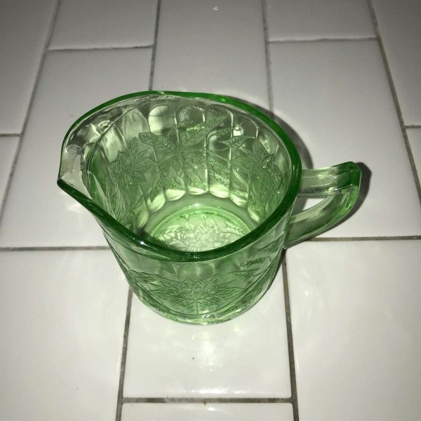 Antique Uranium Glass Creamer Pitcher Jeanette Poinsettia Green Kitchen Set Collectible Display Farmhouse Glows Green