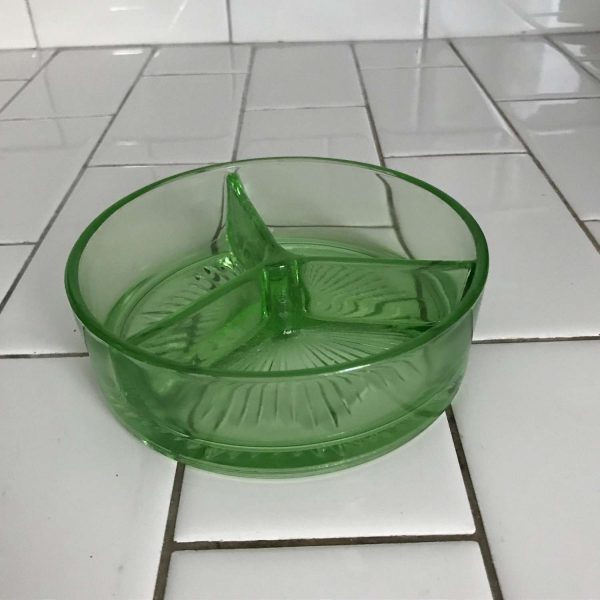 Antique Uranium glass divided dish pickles olives snacks collectible display farmhouse cottage cabin