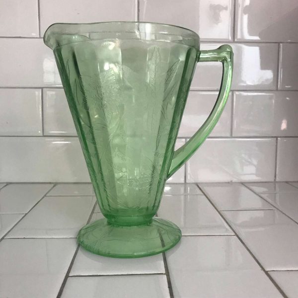 Antique Uranium Glass Pitcher Jeanette Poinsettia Green  Kitchen Collectible Display Farmhouse Glows Green