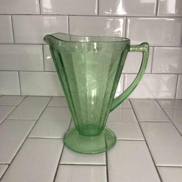 Antique Uranium Glass Pitcher Jeanette Poinsettia Green  Kitchen Collectible Display Farmhouse Glows Green