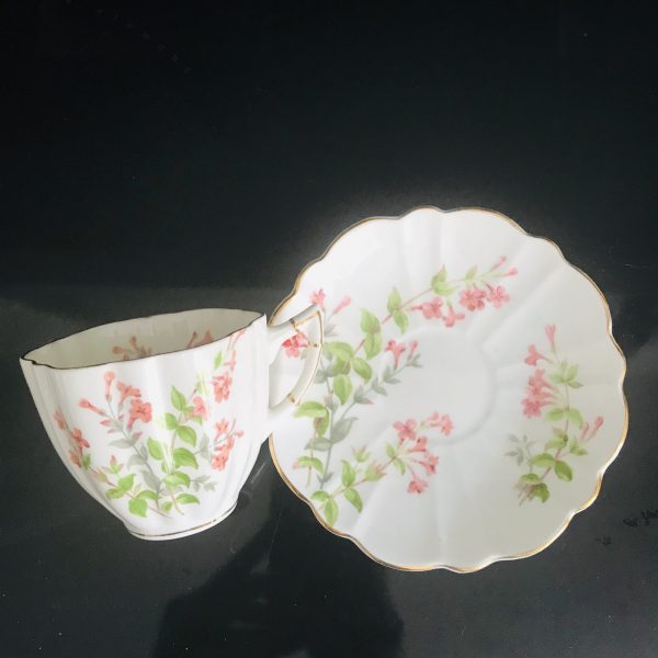 Antique Victoria England Tea cup and saucer delicate dainty peach flowers Fine bone china farmhouse collectible display cottage shabby chic