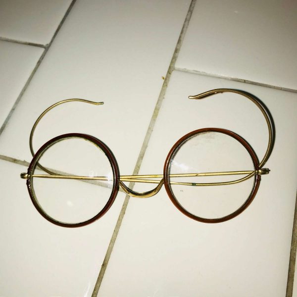 Antique Wire Rim Eyeglasses Bakelite Black rims gold metal frames early 1900's RARE with these rims collectible display accessories