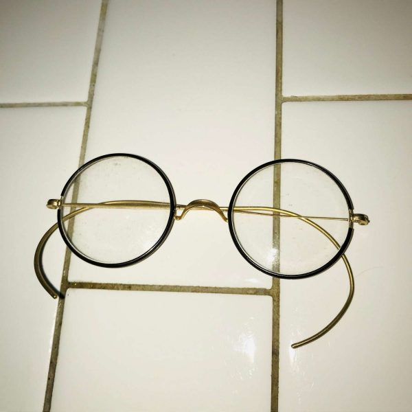 Antique Wire Rim Eyeglasses Bakelite Black rims gold metal frames early 1900's RARE with these rims collectible display accessories