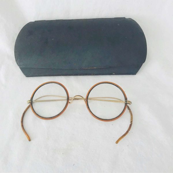 Antique Wire Rim Eyeglasses Bakelite brown rims gold metal frames early 1900's RARE with these rims collectible display accessories