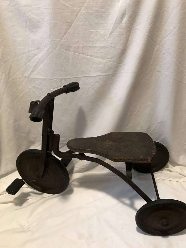 Antique Wooden Tricycle with handle grips, bell, pedals and wooden seat Primitive collectible display farmhouse cabin lodge Movie TV Prop