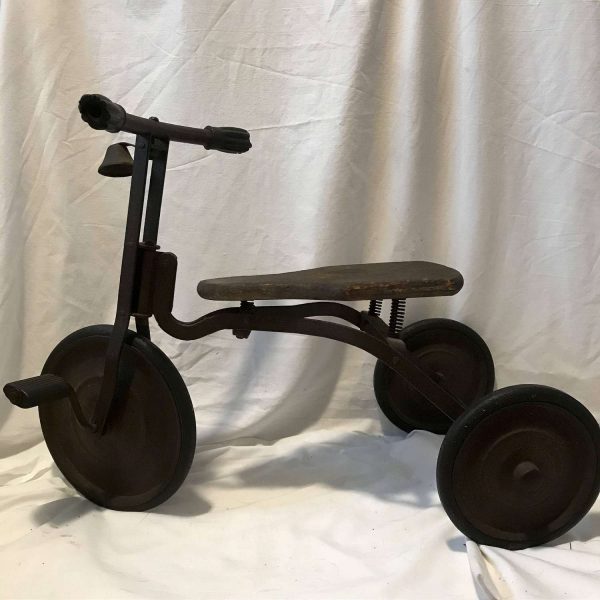 Antique Wooden Tricycle with handle grips, bell, pedals and wooden seat Primitive collectible display farmhouse cabin lodge Movie TV Prop