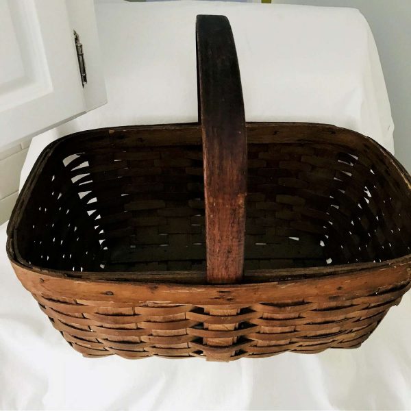 Antique Wooden woven farmhouse basket collectible display movie tv prop handle top early primitive rustic antique
