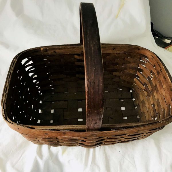 Antique Wooden woven farmhouse basket collectible display movie tv prop handle top early primitive rustic antique