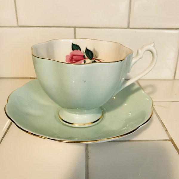 Aqua with Rose tea cup and saucer England Fine bone china farmhouse collectible display coffee cottage bridal shower wedding