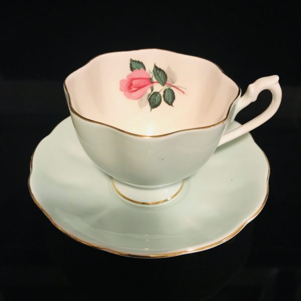 Aqua with Rose tea cup and saucer England Fine bone china farmhouse collectible display coffee cottage bridal shower wedding
