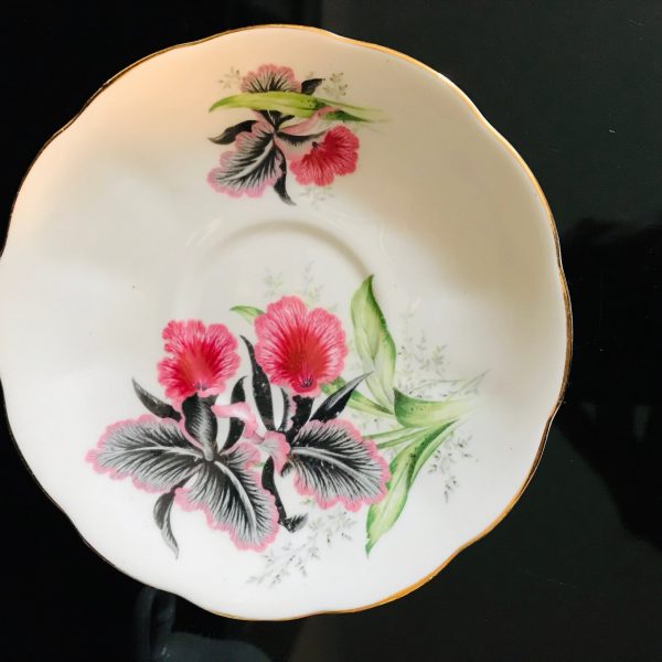 Art Deco tea cup and saucer England Fine bone china Bright Pink & Black farmhouse collectible display coffee cottage bridal shower wedding