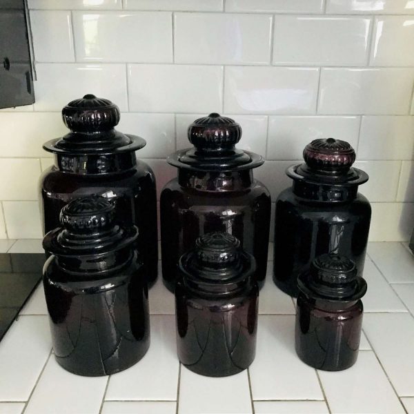 Atnique Canister Apothecary Jars blown glass Large amethyst glass polished pontils with ground glass lids NO DAMAGE 9 pieces