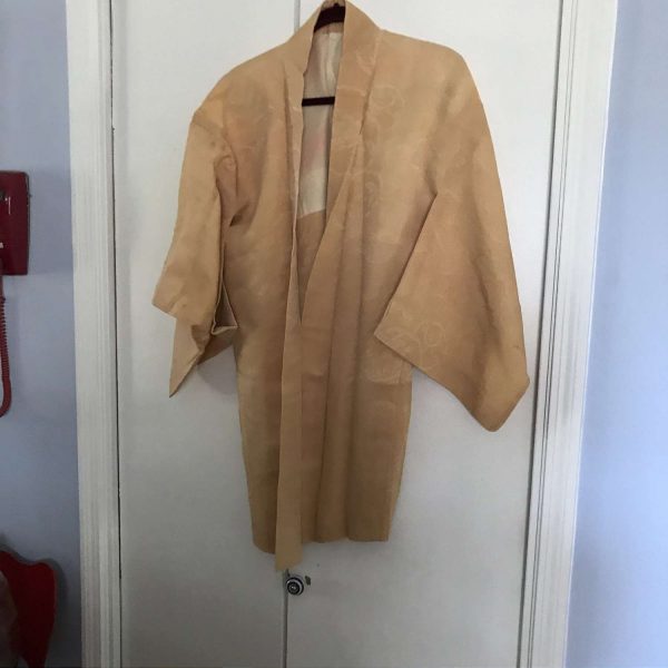 Authentic Japanese Kimono & Cotton Hadajuban 1930's-40's in Gold with damask style floralSilk Robe Dress