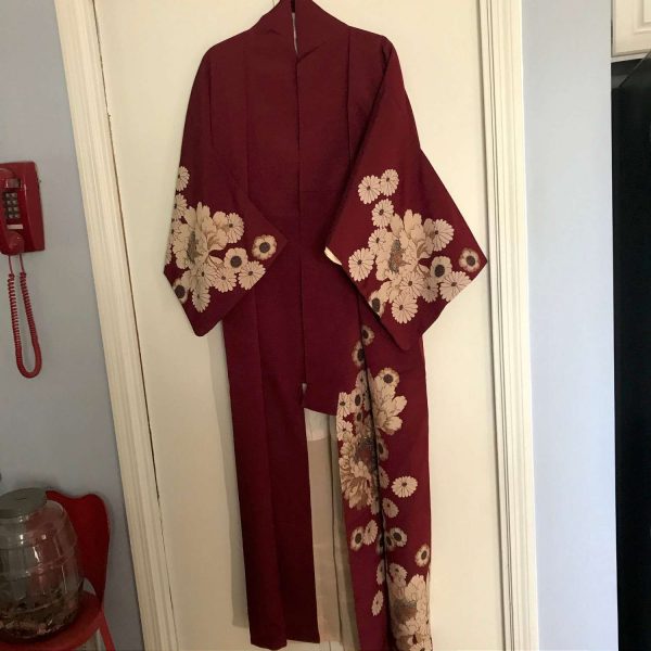 Authentic Japanese Kimono with Obi footware & Cotton Hadajuban 1930's-40's in Original packaging Burgundy Silk Robe Dress Silver Obi