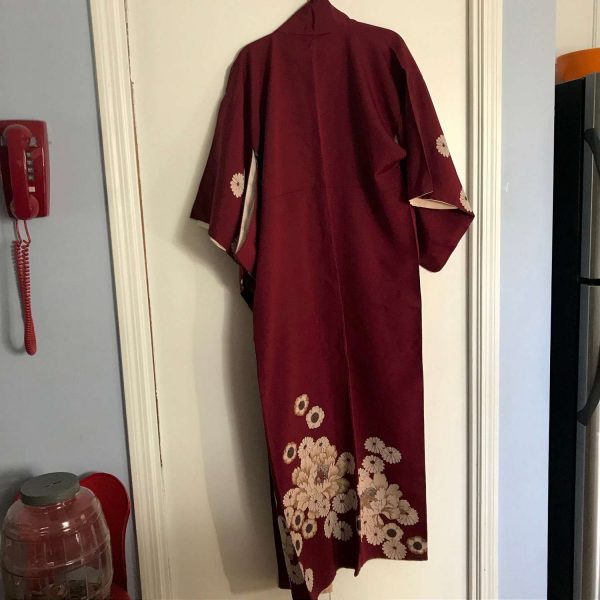 Authentic Japanese Kimono with Obi footware & Cotton Hadajuban 1930's-40's in Original packaging Burgundy Silk Robe Dress Silver Obi