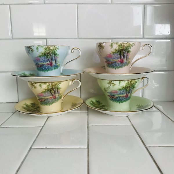 Aynsley Set of 4 Matching Tea Cups and Saucers Corset Mint Green Light Yellow Light Blue Pink Meadow England Collectible Farmhouse bridal