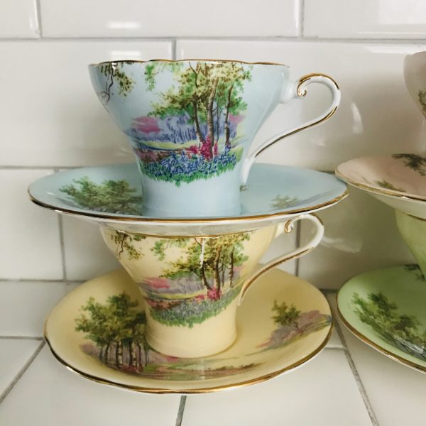 Aynsley Set of 4 Matching Tea Cups and Saucers Corset Mint Green Light Yellow Light Blue Pink Meadow England Collectible Farmhouse bridal