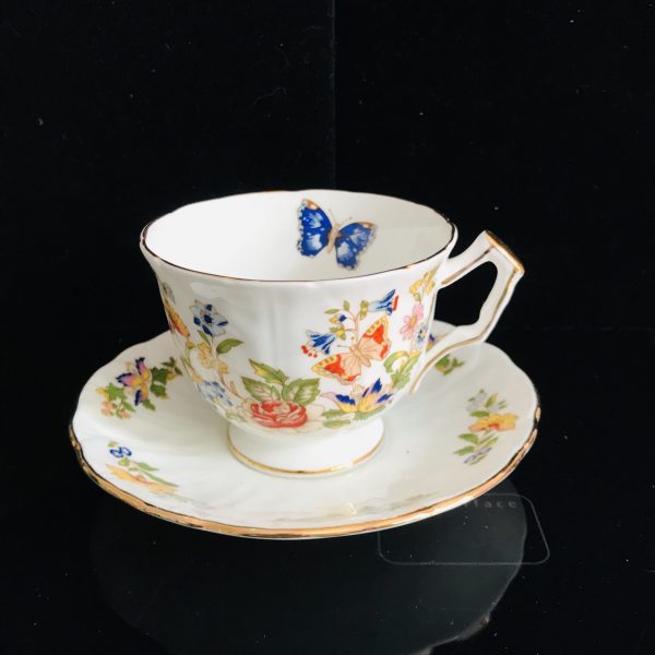 Aynsley STUNNING Tea Cup and Saucer Fine bone china England Butterfly garden Scalloped gold trim Collectible Display Cottage Coffee